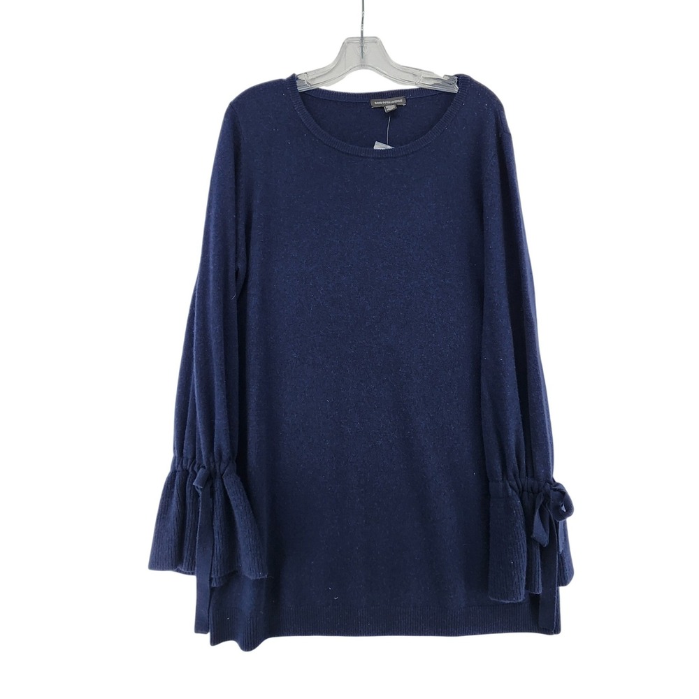 Saks Fifth Avenue XL Navy Blue Wool Cashmere Bell Sleeve Tie Tunic Sweater Luxe